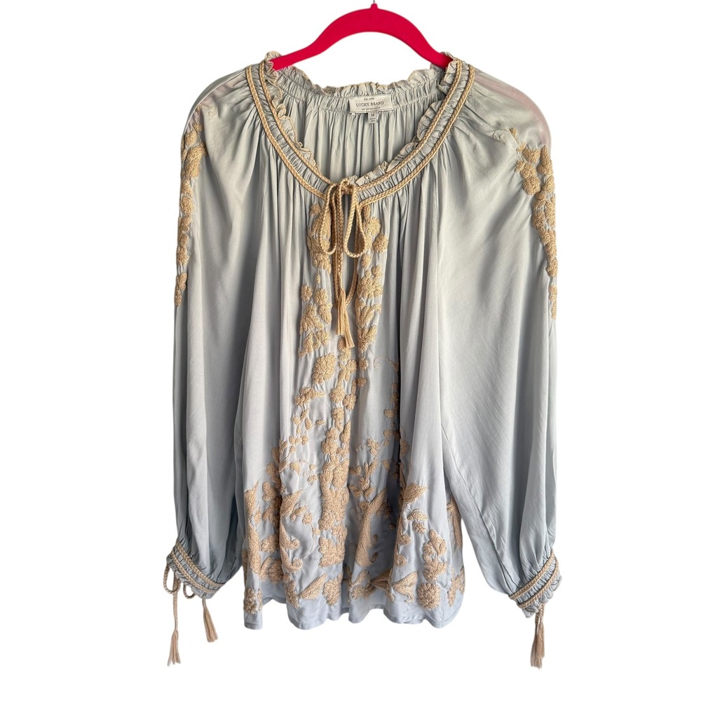 Lucky Brand Light Blue Blouse with Gold Embroidery